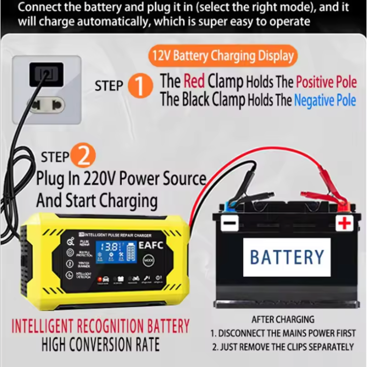 Intelligent Bilbatterioplader 12V/24V - LCD-display & Automatisk Beskyttelse 