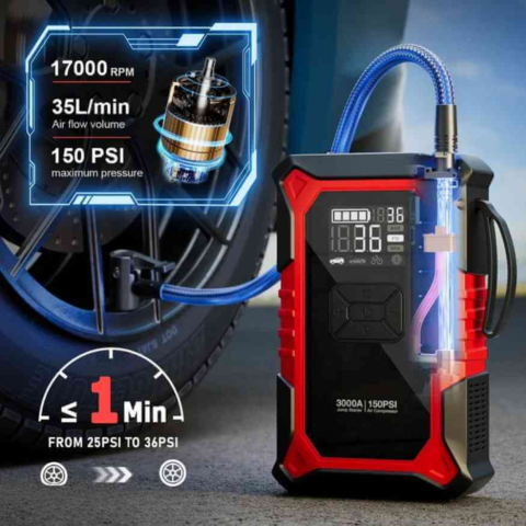 Avviatore Auto Portatile – Compressore Integrato e Lampada LED 