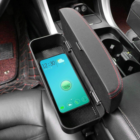 Apoyabrazos de Coche Multifuncional – Confort, Almacenamiento y Carga 